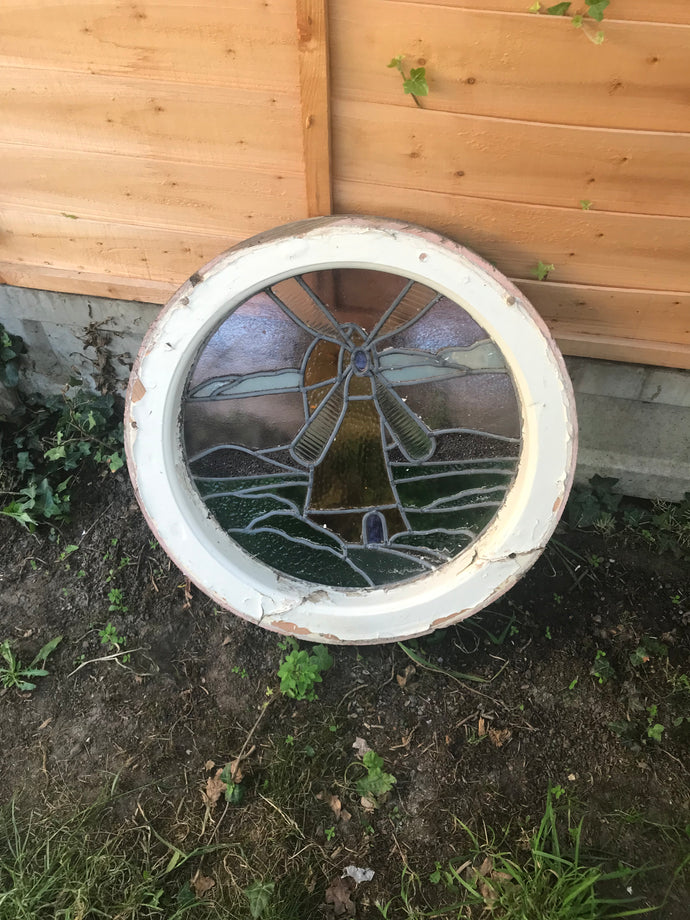 1920's Circular Lead Light Window depicting a Windmill Scene.